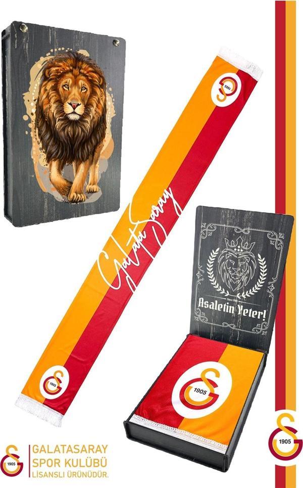 Galatasaray Orijinal Lisanslı Çift Yön Baskılı Şal Kaşkol Atkı Aslan Baskılı Ahşap Ku - Image 1