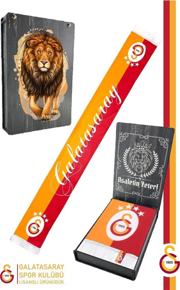 Galatasaray Orijinal Lisanslı Çift Yön Baskılı Şal Kaşkol Atkı Aslan Baskılı Ahşap Kutul - Image 1