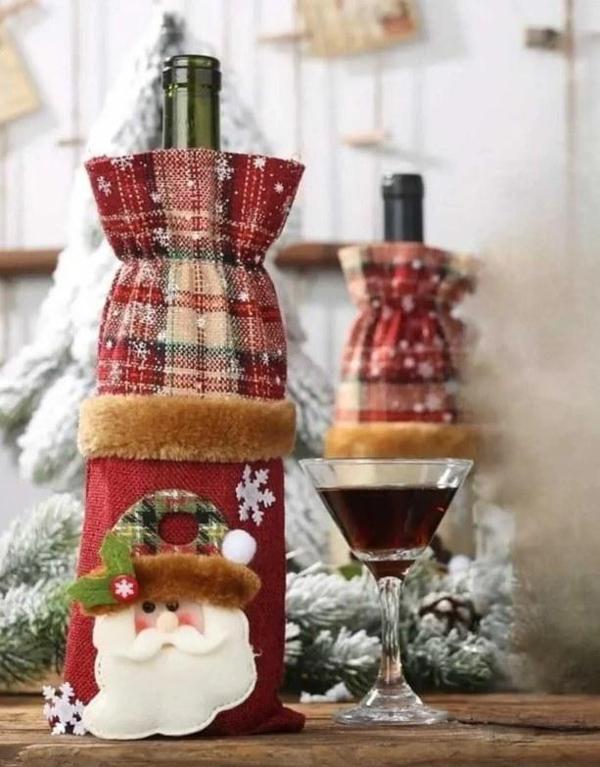 Noel Temalı Ekose Keten Şampanya - Şarap Şişesi Kılıfı - Image 1