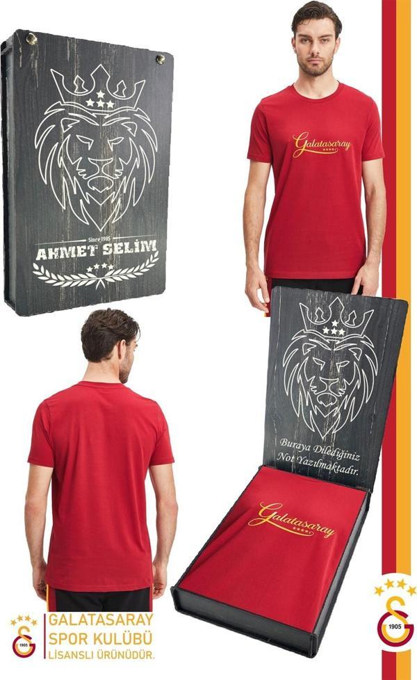 Galatasaray Orijinal Lisanslı Kırmızı Erkek T-Shirt Kişiye Özel Hediyelik Ahşap Kutu - Image 1