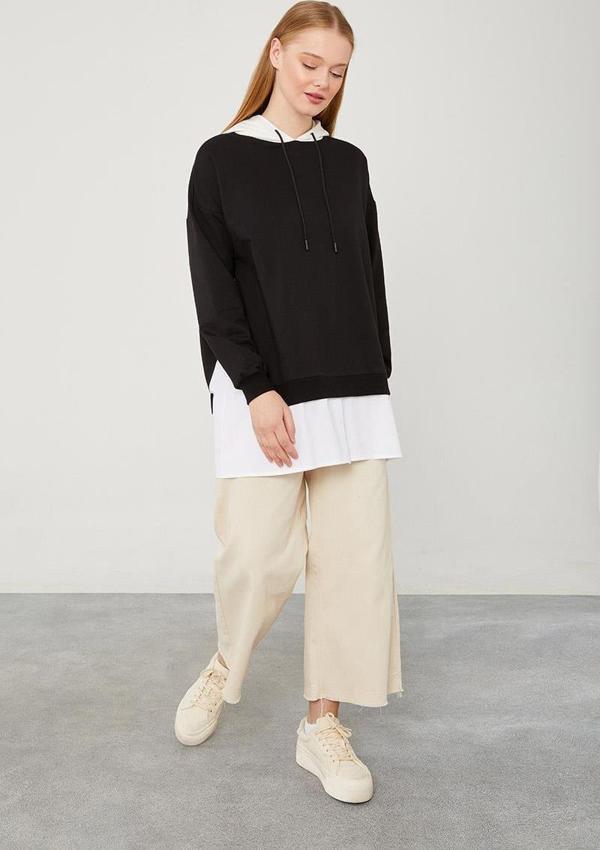 Siyah Kapuşonlu Gömlek Detaylı Sweat - Image 1