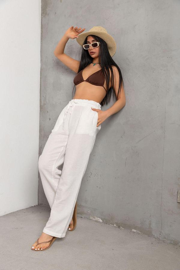 %100 Pamuk Müslin Kumaş Geniş Kesim Bağcıklı Lastikli Cepli Kadın Pantolon @Lugo - Image 1