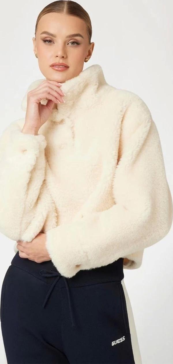 Guess Kadın Krem Sherpa Crop Sweatshirt - Image 1