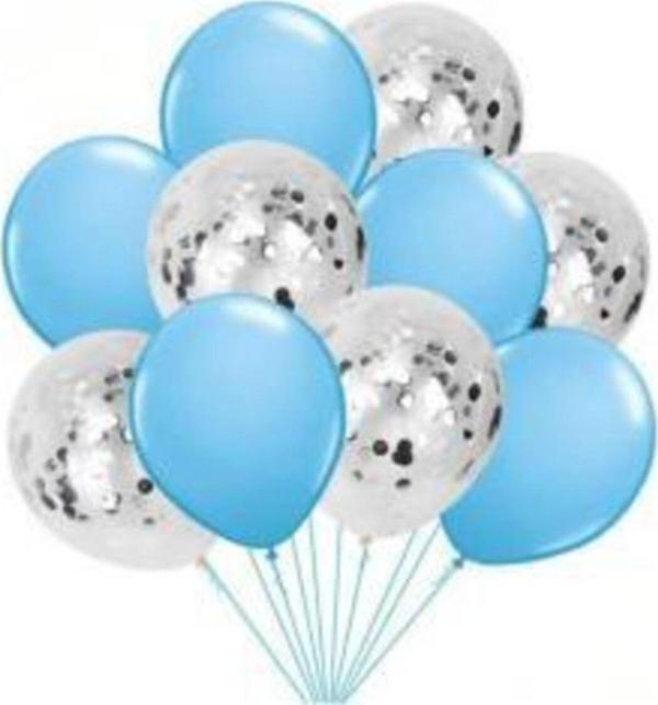 Gümüş Konfetili Şeffaf Balon Metalik Mavi Balon Seti 10 Adet - Image 1