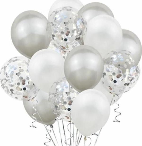 Metalik gümüş beyaz gümüş konfetili şeffaf balon 12 inç 15 adet - Image 1