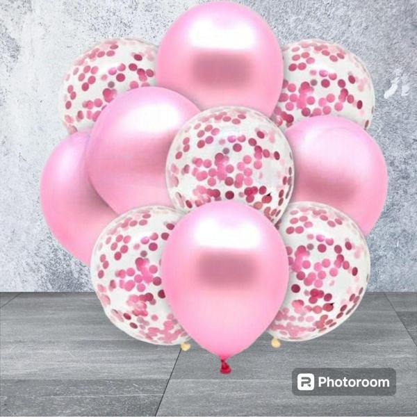 Pembe  Konfetili Şeffaf metalik Pembe  Balon Seti 10 Adet - Image 1