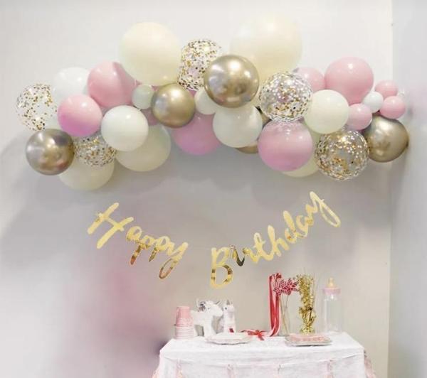 DENİZ KUMU KROM GOLD ŞEFFAF  MACARON PEMBE  HAPPY BIRTHDAY KALİGRAFİ YAZI MİNİ ZİNCİR BALON  SET - Image 1
