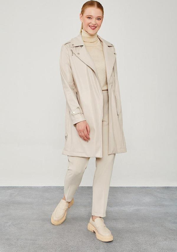 Taş Kemerli Uzun Deri Ceket - Image 1