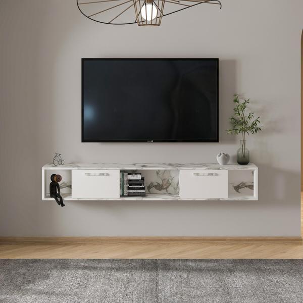 T006 Viero Mermer Desenli Duvara Monte TV Ünitesi – 160 cm, Kapaklı Raflı - Image 1