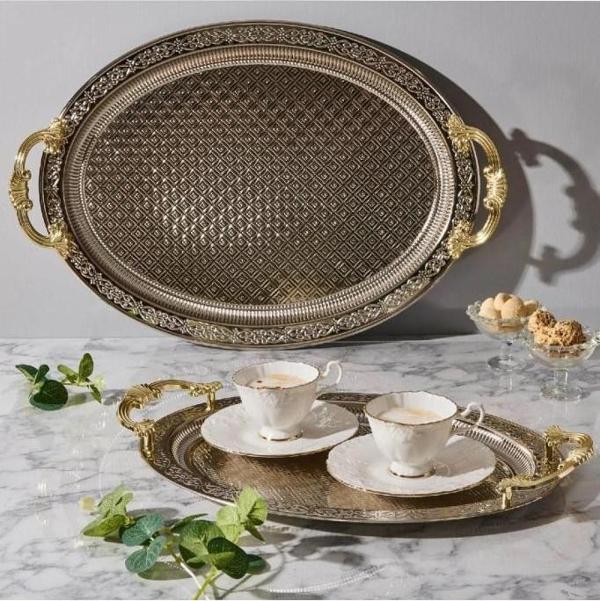 Lüx 2'li Kararmaz Gümüş Oval Servis Sunum Çay Kahve Tatlı Tepsisi 3696 - Image 1