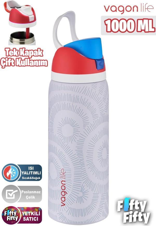 Vagonlife 1000 ML Tek Kapak Çift Kullanım Pipetli/Pipetsiz Taşıma Kulplu Çelik Termos -FFVGN045ML1000Desenli - Image 1
