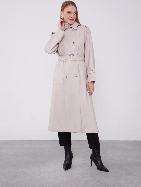 Taş Apoletli Suni Deri Trençkot - Image 1