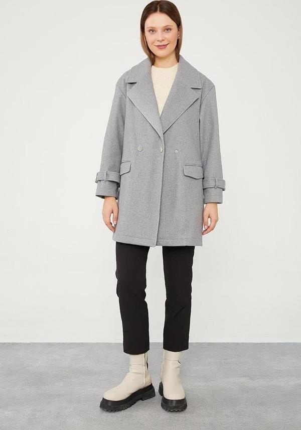 Gri Tek Düğmeli Astarsız Kısa Kaşe Kaban - Image 1