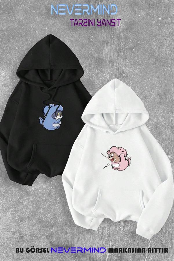 Nevermınd Sevgili Çift Kombini Bebek Tom Ve Jerry  Baskılı Kapüşonlu Sweatshirt 2Li Set Takım - Image 1