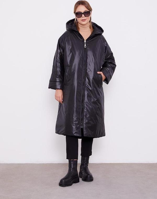 Siyah Kolları Ribana Detaylı Uzun Mont - Image 1