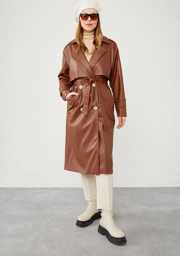 Taba Midi Boy Kuşaklı Deri Trençkot - Image 1