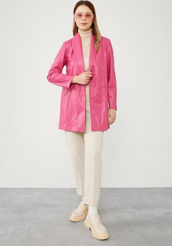 Fuşya Blazer Astarsız Suni Deri Ceket - Image 1