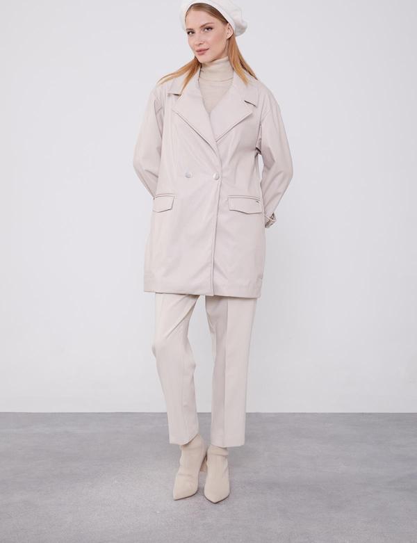 Taş Kruvaze Yaka Deri Ceket - Image 1