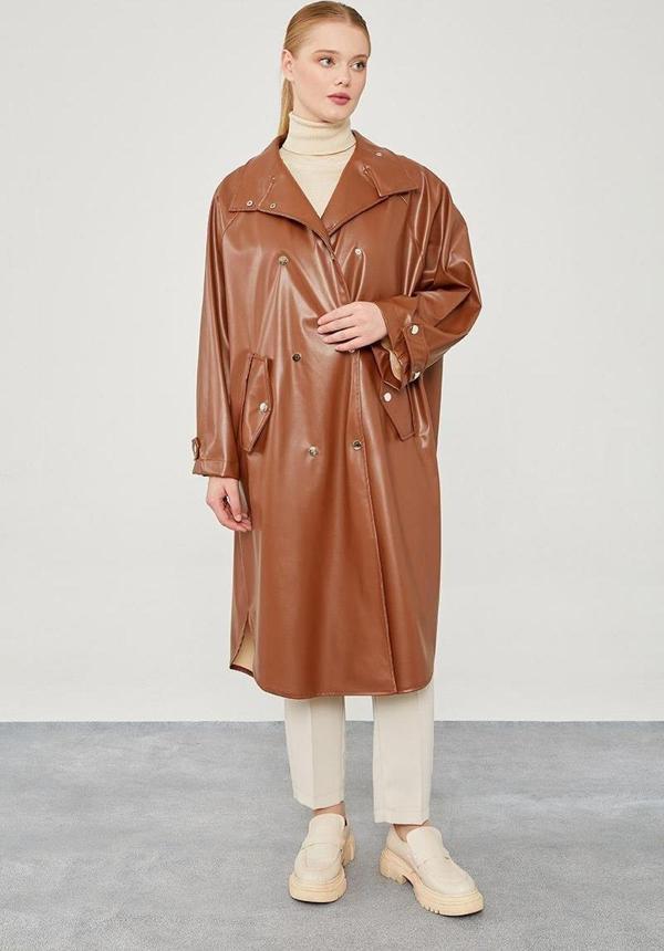 Taba Oversize Suni Deri Trençkot - Image 1