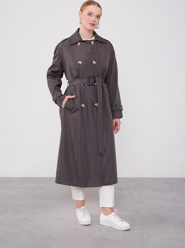 Antrasit Düğme Kapamalı Trençkot - Image 1