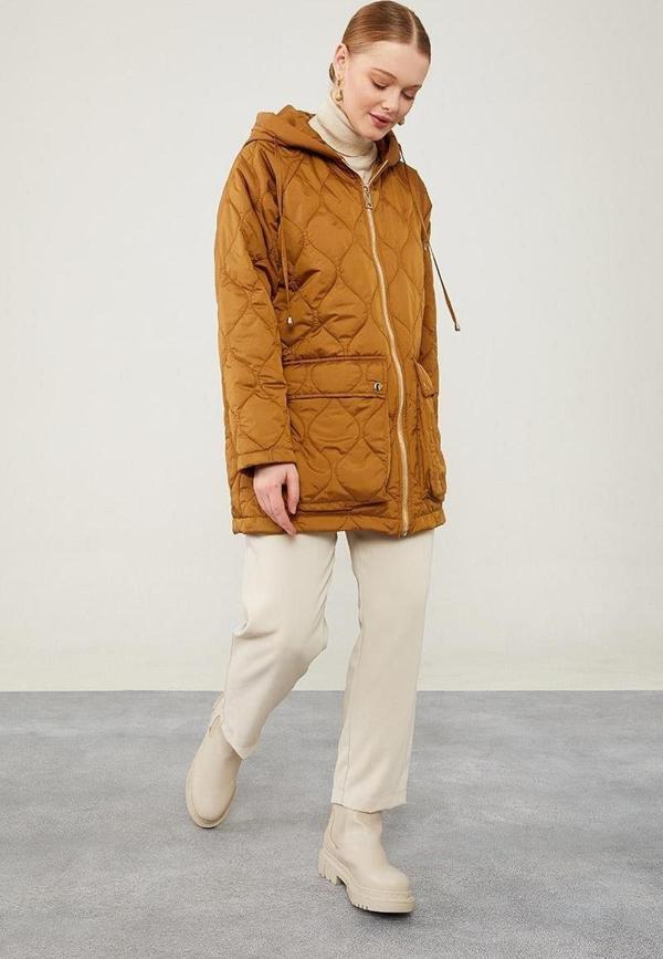 Kahve Kapüşonlu Kapitone Kısa Mont - Image 1