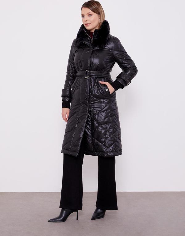 Siyah Kürk Yakalı Şişme Kapitone Mont - Image 1