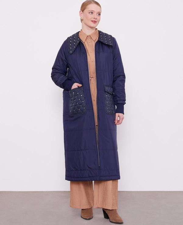 Lacivert Kapitone Cep Detaylı Mont - Image 1