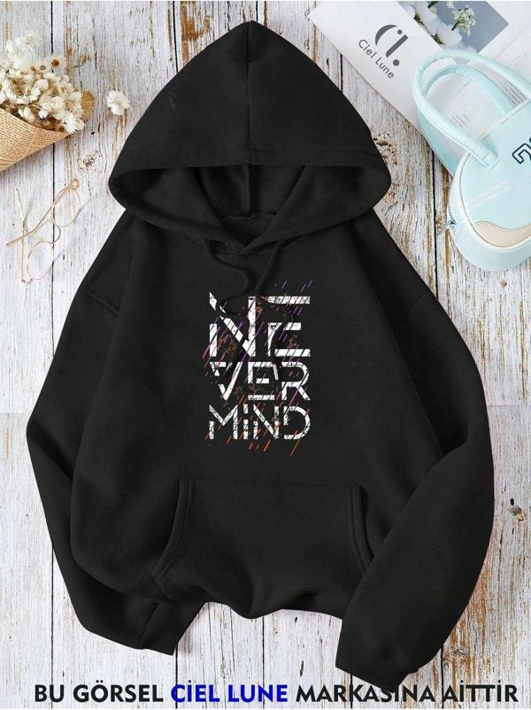Nevermınd Unisex Baskılı Oversize Baskılı Kapşonlu Sweatshirt 3 Iplik - Image 1