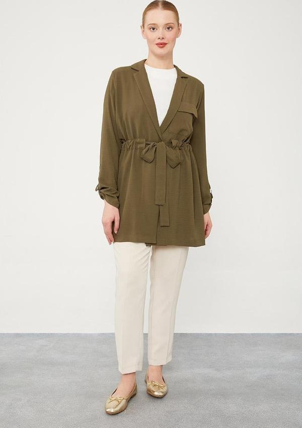 Haki Kendinden Kemer Bağlamalı Ceket - Image 1