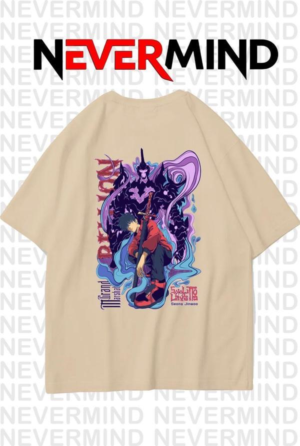 Nevermınd Unisex Solo Leveling Baskılı %100 Pamuk Oversize Tshirt - Image 1