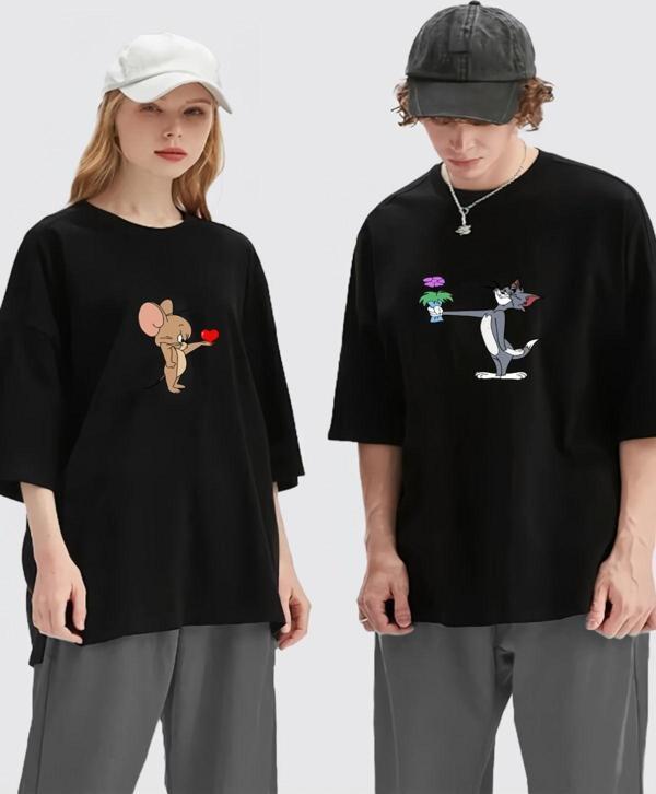 Nevermınd Unisex Kadın Erkek Tom Ve Jerry Baskılı Sevgili Çift Kombini Tasarım Oversize T-Shirt 2'Li Set - Image 1