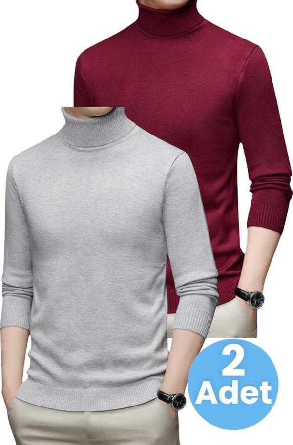 Uniquetrenders 2'Li  Erkek Tüylenmeyen Boğazlı Triko Kazak Balıkçı Triko Kazak Bordo - Gri XL - Image 1