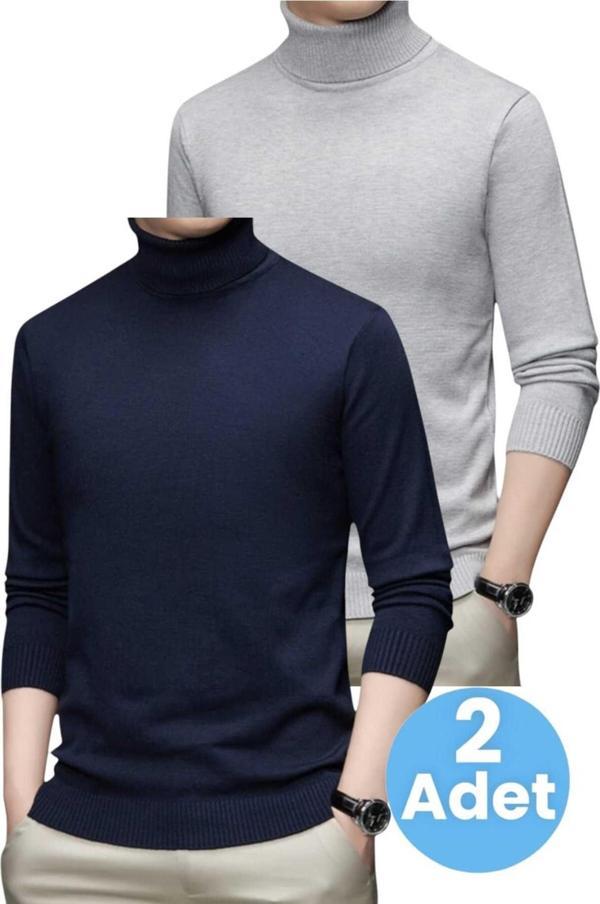 Uniquetrenders 2'Li  Erkek Tüylenmeyen Boğazlı Triko Kazak Balıkçı Triko Kazak Gri - Lacivert XL - Image 1