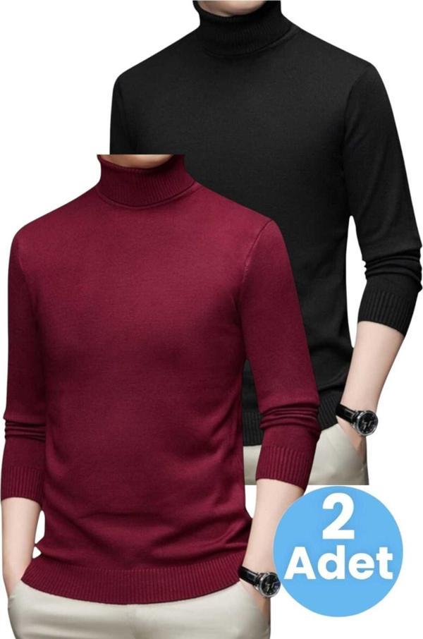 Uniquetrenders 2'Li  Erkek Tüylenmeyen Boğazlı Triko Kazak Balıkçı Triko Kazak Siyah - Bordo XL - Image 1