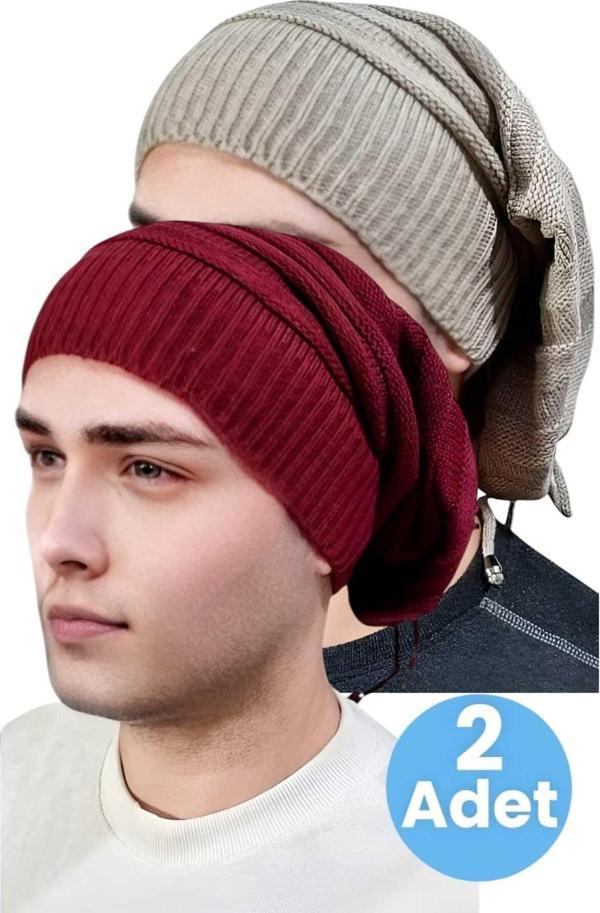 Uniquetrenders 2'Li  Erkek Kışlık Triko Örgü Bere Ve Boyunluk Camel - Bordo  - Image 1