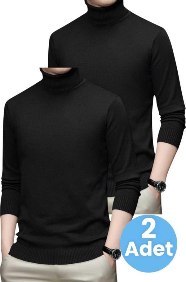 Uniquetrenders 2'Li  Erkek Tüylenmeyen Boğazlı Triko Kazak Balıkçı Triko Kazak Siyah - Siyah XL - Image 1