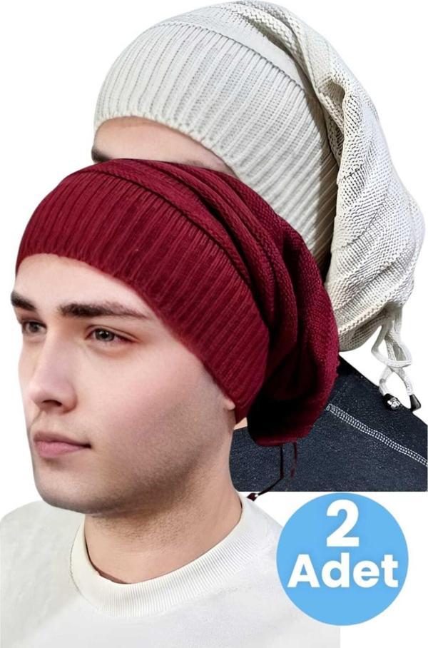 Uniquetrenders 2'Li  Erkek Kışlık Triko Örgü Bere Ve Boyunluk Taş - Bordo  - Image 1