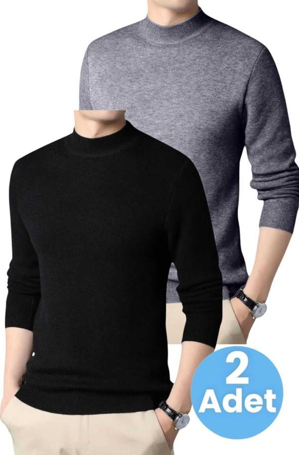 Uniquetrenders 2'Li  Erkek Tüylenmeyen Yarım Boğazlı Triko Kazak Yarım Balıkçı Triko Kazak Siyah - Füme 2XL - Image 1