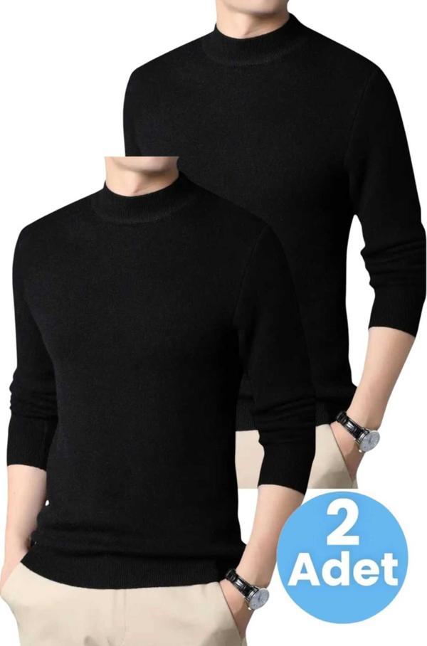 Uniquetrenders 2'Li  Erkek Tüylenmeyen Yarım Boğazlı Triko Kazak Yarım Balıkçı Triko Kazak Siyah - Siyah 2XL - Image 1