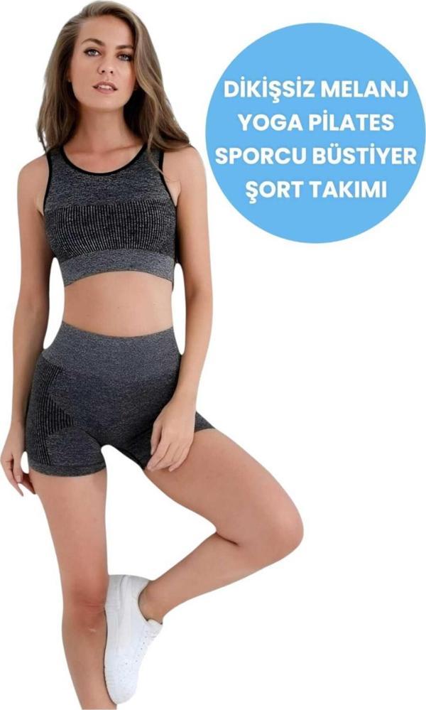 Uniquetrenders Kadın Dikişsiz Melanjlı Fitness Yoga Pilates Sporcu Büstiyer Şort Takımı Siyah M-L - Image 1