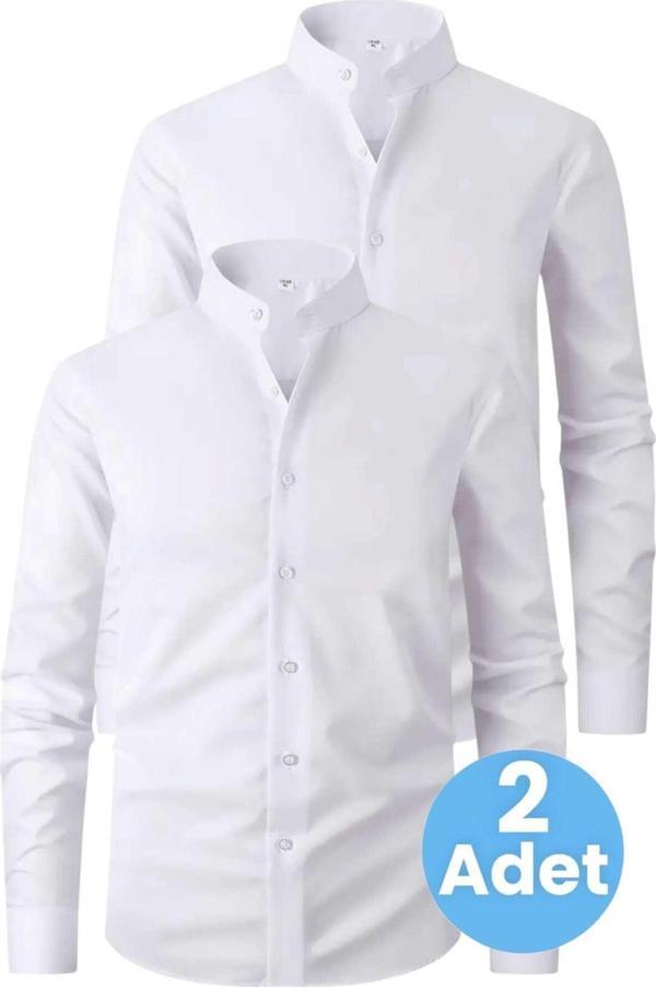 Uniquetrenders 2'Li  Hakim Yaka  Slim Fit  Nefes Alan Kolay Ütülenen Dört Mevsim Erkek Gömlek Beyaz - Beyaz S - Image 1