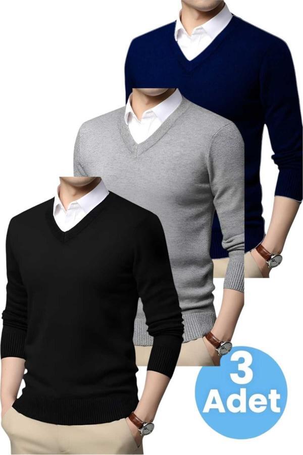 Uniquetrenders 3'Lü   Erkek V Yaka Uzun Kol Triko Tüylenmez Süveter Erkek Slim Fit Süveter Siyah - Gri - Lacivert M - Image 1