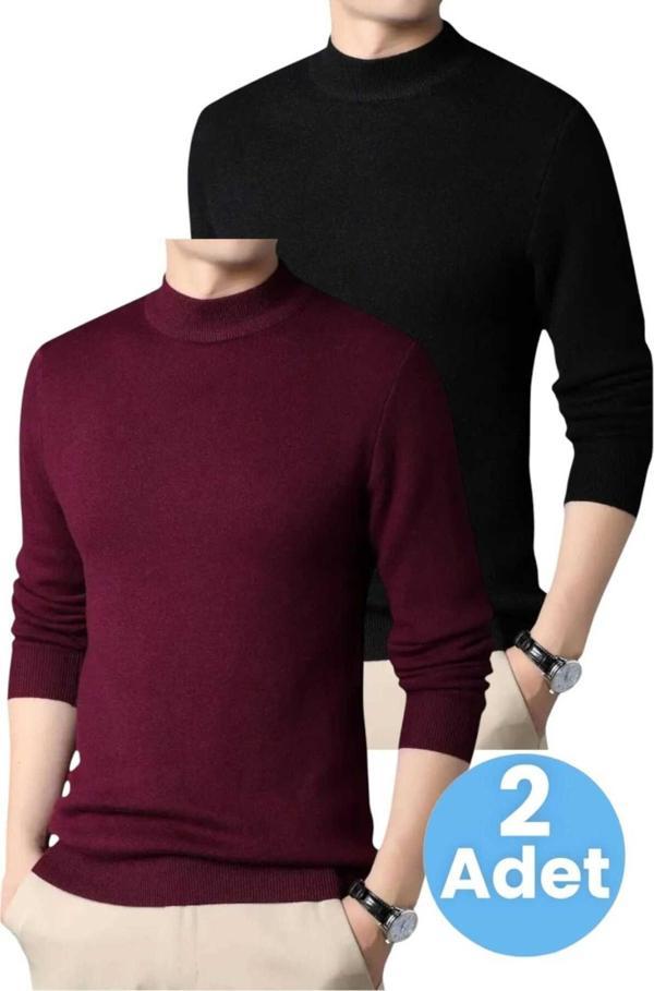 Uniquetrenders 2'Li  Erkek Tüylenmeyen Yarım Boğazlı Triko Kazak Yarım Balıkçı Triko Kazak Bordo - Siyah L - Image 1