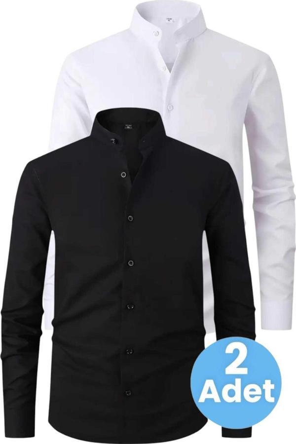 Uniquetrenders 2'Li  Hakim Yaka  Slim Fit  Nefes Alan Kolay Ütülenen Dört Mevsim Erkek Gömlek Siyah - Beyaz XL - Image 1