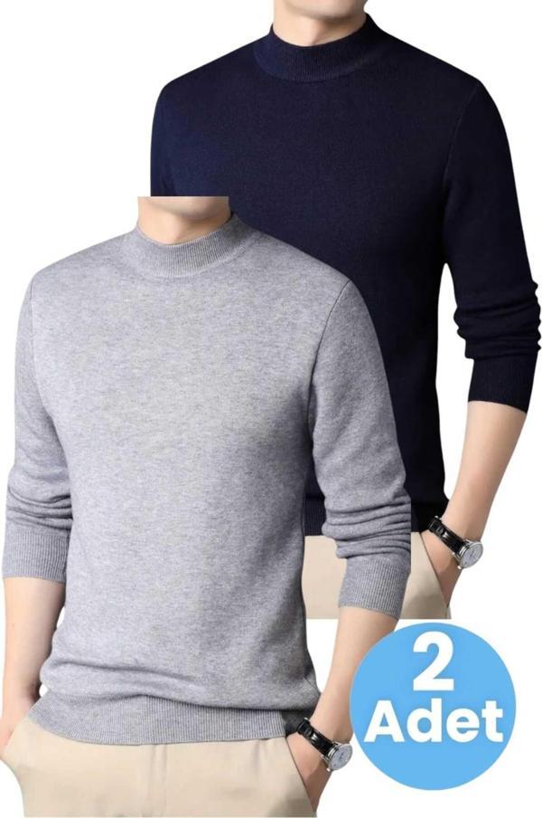 Uniquetrenders 2'Li  Erkek Tüylenmeyen Yarım Boğazlı Triko Kazak Yarım Balıkçı Triko Kazak Gri - Lacivert L - Image 1
