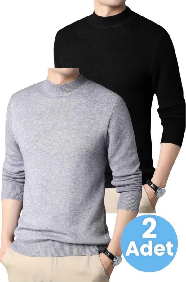 Uniquetrenders 2'Li  Erkek Tüylenmeyen Yarım Boğazlı Triko Kazak Yarım Balıkçı Triko Kazak Gri - Siyah L - Image 1