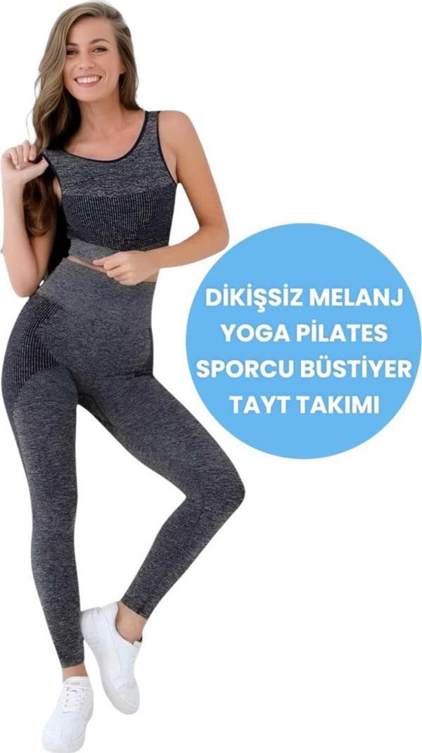 Uniquetrenders Kadın Dikişsiz Melanjlı Fitness Yoga Pilates Sporcu Büstiyer Tayt Takımı Lacivert M-L - Image 1