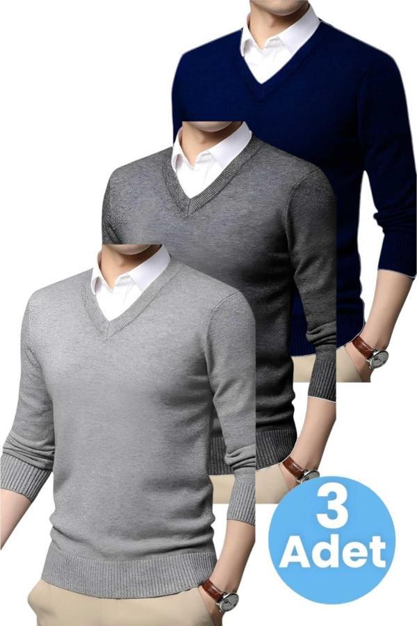 Uniquetrenders 3'Lü   Erkek V Yaka Uzun Kol Triko Tüylenmez Süveter Erkek Slim Fit Süveter Gri - Füme - Lacivert XL - Image 1