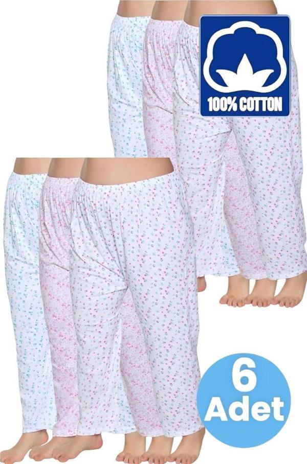Uniquetrenders Kadın %100 Pamuklu Desenli Emprime Lastikli Uzun Pijama Düz Paçalı Don 6'Lı Set Beyaz 3XL - Image 1