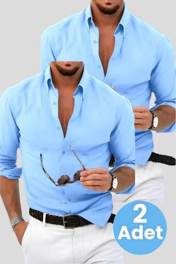 Uniquetrenders Slim Fit Kravatlık Uzun Kol Kolay Ütü Nefes Alan Dört Mevsim Slim Fit Erkek Gömlek 2'Li Set Mavi 2XL - Image 1